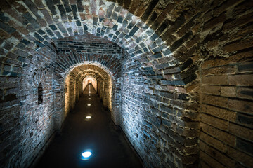 A long ancient brick tunnel into the dungeon.