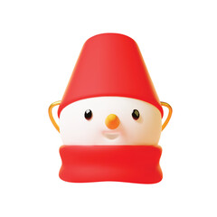 3d snowman head. Cute snowman wearing red scarf and bucket isolated on a white background. Winter holiday illustration. Vector 10 EPS.
