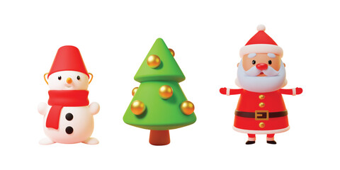 Set of 3d Christmas icons. Realistic illustration of a cute Santa Claus, a little snowman and a pine isolated on a white background. Vector 10 EPS.