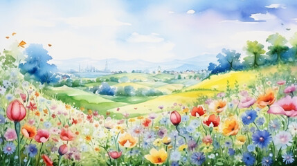 Watercolor summer idyllic landscape fields