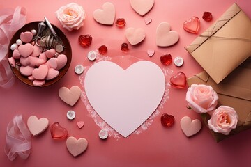 Valentine's day greeting card with delicious sweet cupcakes and chocolates and flower.