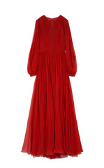 Red maxi dress, fitted, long sleeves, floor-length, with a zipper on the back and a cutout on the chest, light and flowy, isolated on transparent or white background, png - obrazy, fototapety, plakaty