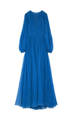 blue maxi dress, fitted, long sleeves, floor-length, with a zipper on the back and a cutout on the chest, light and flowy, isolated on transparent or white background, png