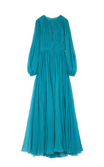 blue maxi dress, fitted, long sleeves, floor-length, with a zipper on the back and a cutout on the chest, light and flowy, isolated on transparent or white background, png