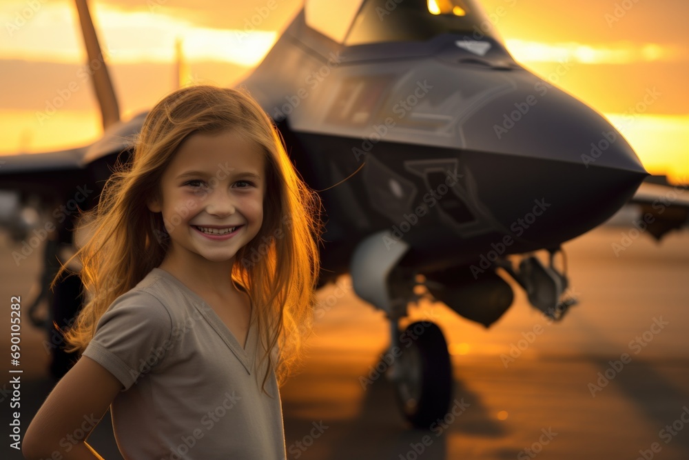 Canvas Prints A girl is smiling in front of a jet. Generative AI.