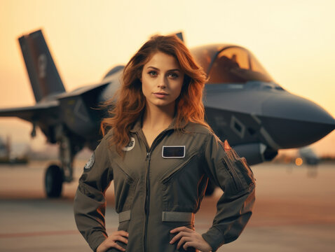 A beautiful woman in a military uniform standing in front of an f - 18 fighter jet. Generative AI.