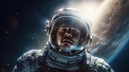 Cosmonaut in space suit in outer space