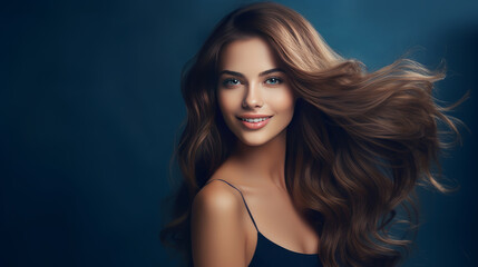 Naklejka premium Portrait of a beautiful, sexy happy smiling woman with perfect skin and long hair, on a dark blue background, banner.