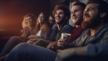 Group of friends watches movie - obrazy, fototapety, plakaty
