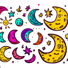 Lunar Slices Children's Artistic Phases in a Palette of Colorful Moon Drawings