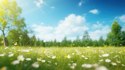 Beautiful blurred spring background nature with blooming glade, trees and blue sky on a sunny day.