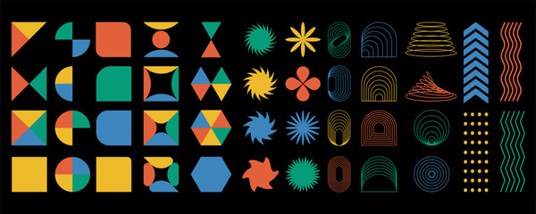 Brutalist abstract geometric shapes and grids. Brutal contemporary figure star oval spiral flower and other primitive elements. Swiss design aesthetic. Bauhaus memphis design.