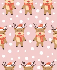 Rolgordijnen New Year reindeer pattern on pink background. © Valentyna