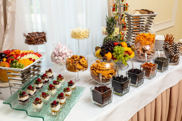 Elegant dessert buffet with fruit platter, marshmallows, cookies, and chocolate in glass jars for a luxury catering event