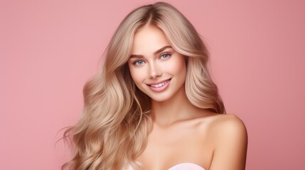 Obraz premium Portrait of a beautiful, sexy Caucasian woman with perfect skin and white long hair, on a pink background.