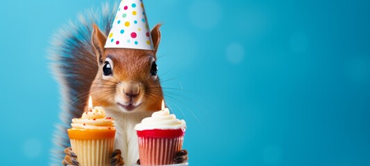 Happy Birthday, carnival, New Year's eve, sylvester or other festive celebration, funny animals card - Red squirrel with party hat and cupcake with candle isolated on blue background - obrazy, fototapety, plakaty