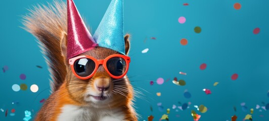 Happy Birthday, carnival, New Year's eve, sylvester or other festive celebration, funny animals card - Red squirrel with party hat and sunglasses on blue background with confetti