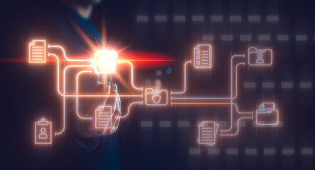hand holding light bulb with document icons, concept of ideas and innovation and document management system. creative thinking inspiration and intelligence