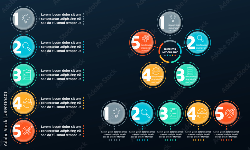 Poster 5 step chart, process diagram set. business presentation layout template with five options, numbers 