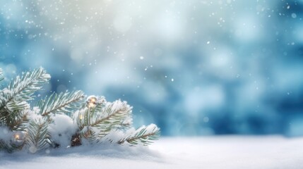 Fototapeta na wymiar Beautiful winter background image of frosted spruce branches and small drifts of pure snow with bokeh Christmas lights and space for text.