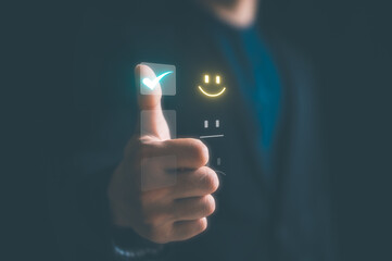 feedback satisfaction survey concept, businessman using thumb pressing on virtual screen give a...