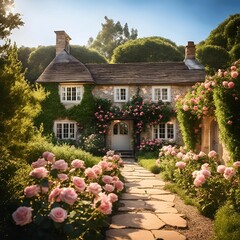 old English cottage with a lush garden - obrazy, fototapety, plakaty