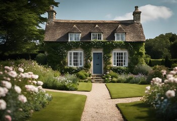 Fototapeta na wymiar old english cottage, blue door, manicured garden, pale roses, 