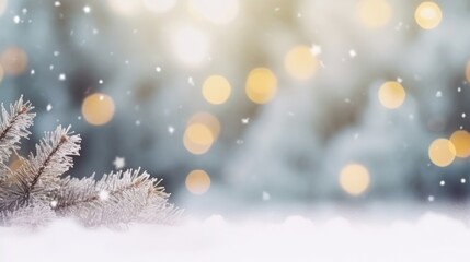 Fototapeta na wymiar Beautiful winter background image of frosted spruce branches and small drifts of pure snow with bokeh Christmas lights and space for text.