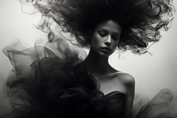 Beautiful woman with hair blowing in wind. Photo of beautiful woman with magnificent hair. Young brunette model with hair flying in the wind. Black and white mystical image. - obrazy, fototapety, plakaty