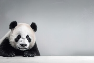 Front view of panda  on  gray background. Wild animals banner with copy space