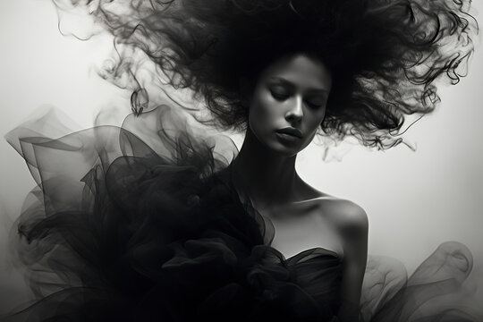 Beautiful woman with hair blowing in wind. Photo of beautiful woman with magnificent hair. Young brunette model with hair flying in the wind. Black and white mystical image.