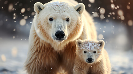 Polar bear (Ursus maritimus) mother and cub in the snow - obrazy, fototapety, plakaty
