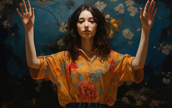 girl serious and worry expression hands up surrender pose, creative concept of life surrender theme, Generative Ai