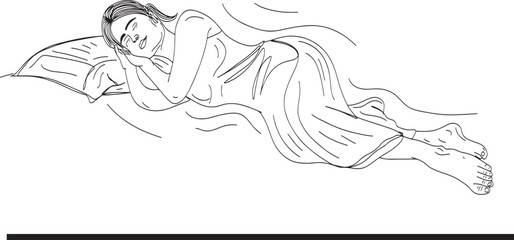 Flat doodle illustration of a girl lying in bed, One continuous line drawing of a girl sleeping peacefully, Cartoon woman in a flat doodle sleep position