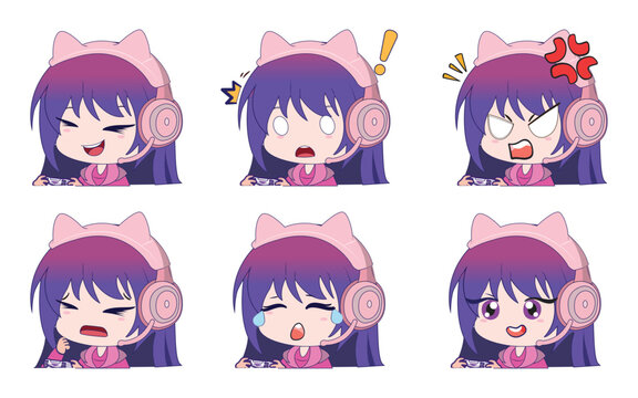 Cut Chubby Gamer Girl character Emotes Set Reactions vector illustration design for live streaming 
