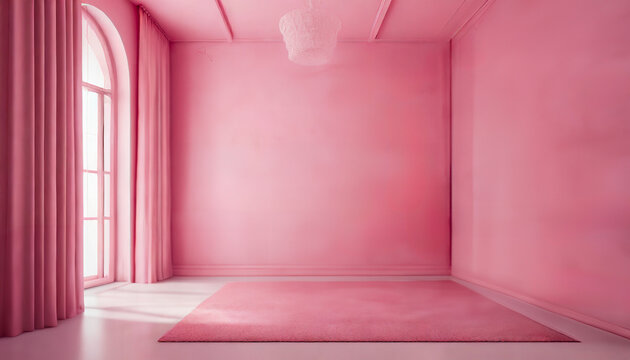 Empty pink room. Lamp on ceiling and carpet on the floor. Window cast light into rustic room.