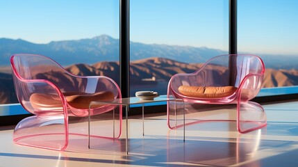 Luxurious interior with mountain view. Two glass chairs in modern room. Nice interior with windows.