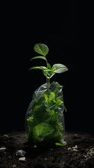Creative ecology concept made with green plant growing from the plastic bag against black background with copy space. Minimal polluted environment design.
