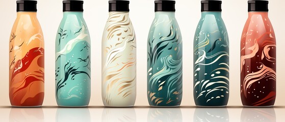 Steel bottles with wavy design. Flask bottles on isolated background. Product photo of metal bottle.