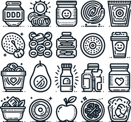 Collection of Nutrition Editable Icons isolated on white background vector types: Food, Fruits, Minerals, mixed fruits  Health, Medical and more. illustration EPS10 