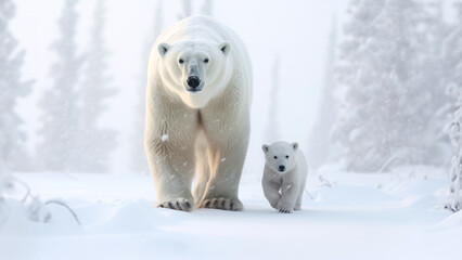 Polar bear (Ursus maritimus) mother and cub on the pack ice, north of Svalbard Arctic Norway - obrazy, fototapety, plakaty
