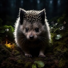 Naklejka premium Spiny hedgehog in a flowering forest at dusk and fireflies. Generative AI.