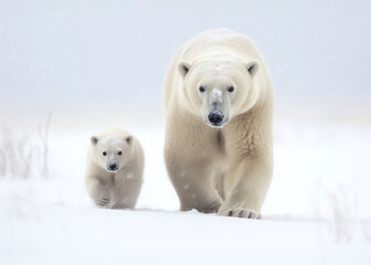Polar bear (Ursus maritimus) mother and cub on the snow. - obrazy, fototapety, plakaty