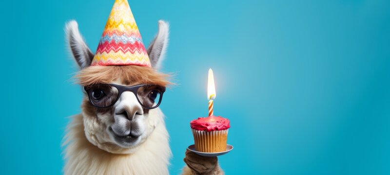 Happy Birthday, carnival, New Year's eve, sylvester or other festive celebration, funny animals card - Alpaca with party hat and cupcake with candle isolated on blue background