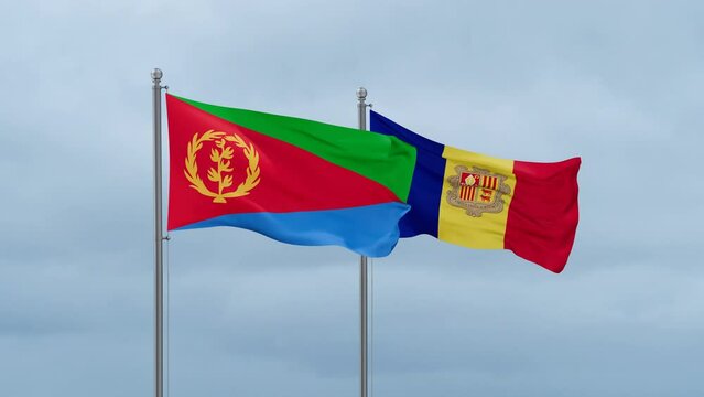 Eritrea flag and Andorra flag waving together on cloudy sky, endless seamless loop