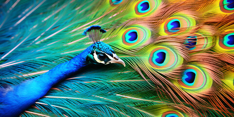 Colorful peacock feathers vivid background, beautiful colorful abstract peacock feather background as header wallpaper, Nature's Iridescence: Peacock Feathers, majestic peacock with a  plumage