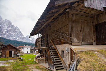 A traditional wooden agricultural building in the historic mountain village of Cima Sappada in Carnia in Udine Province, Friuli-Venezia Giulia, north east Italy
