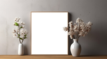 Photo poster frame mockup with a green plant and wooden frames on a transparent background. area PNG File