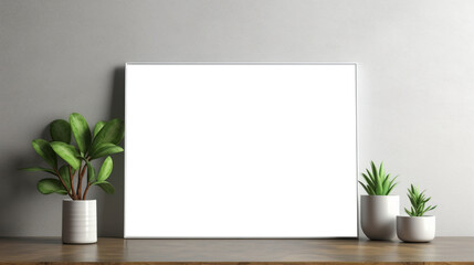 Fototapeta na wymiar Photo poster frame mockup with a green plant and wooden frames on a transparent background. area PNG File