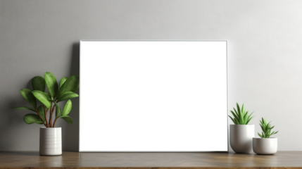 Photo poster frame mockup with a green plant and wooden frames on a transparent background. area PNG File